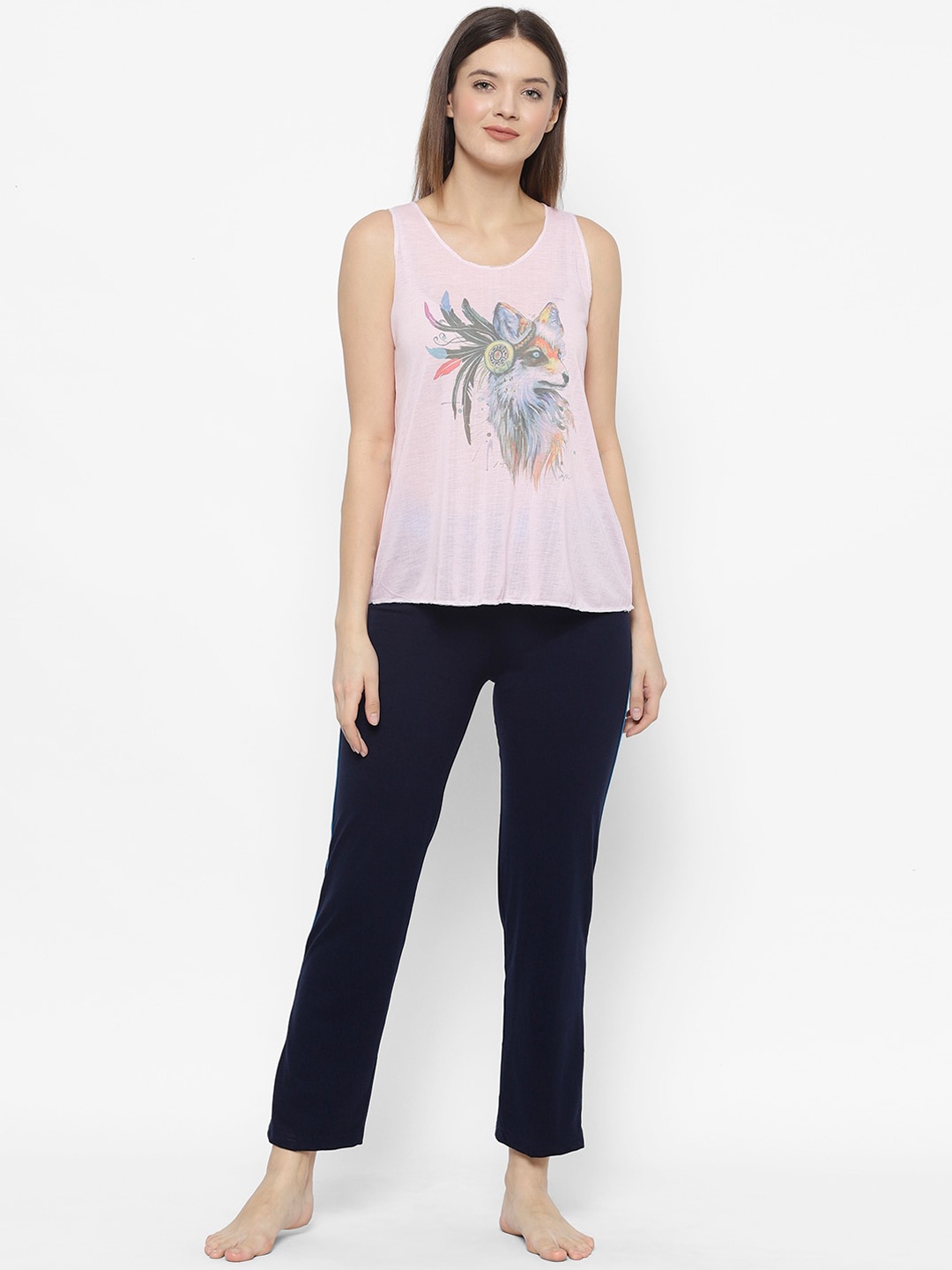 

VIMAL JONNEY Women Pink & Navy Blue Printed Night suit