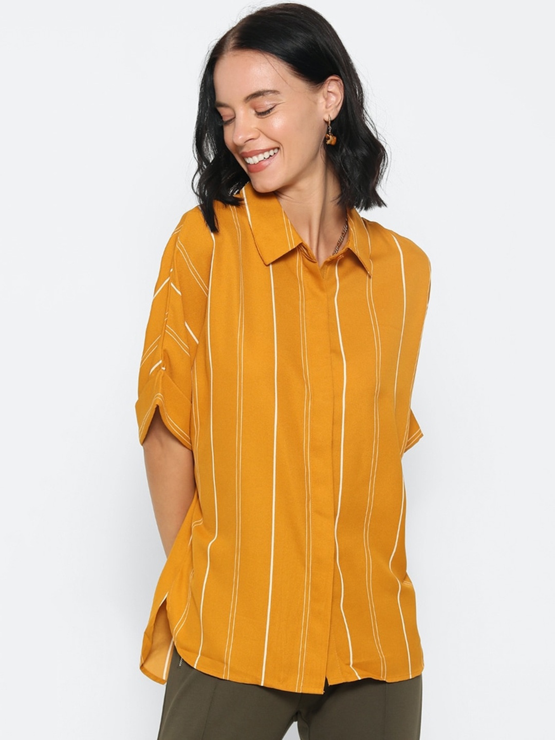 FOREVER 21 Women Mustard Yellow & White Regular Fit Striped Casual Shirt
