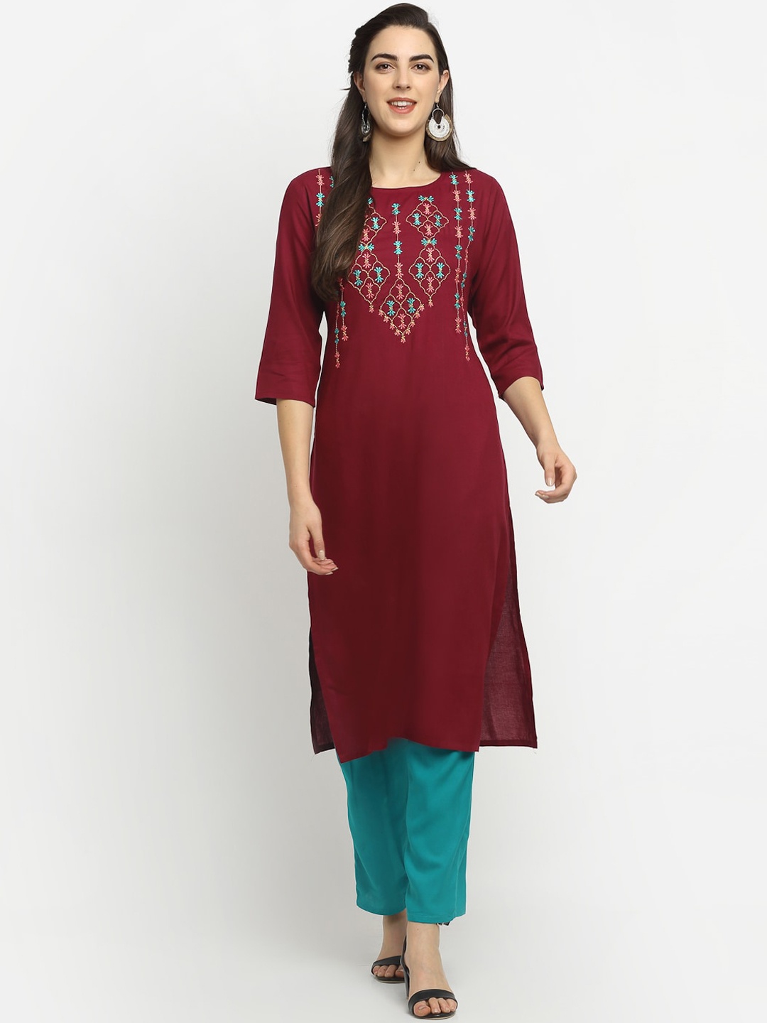 Rudra Bazaar Women Maroon & Blue Embroidered Kurta with Trousers