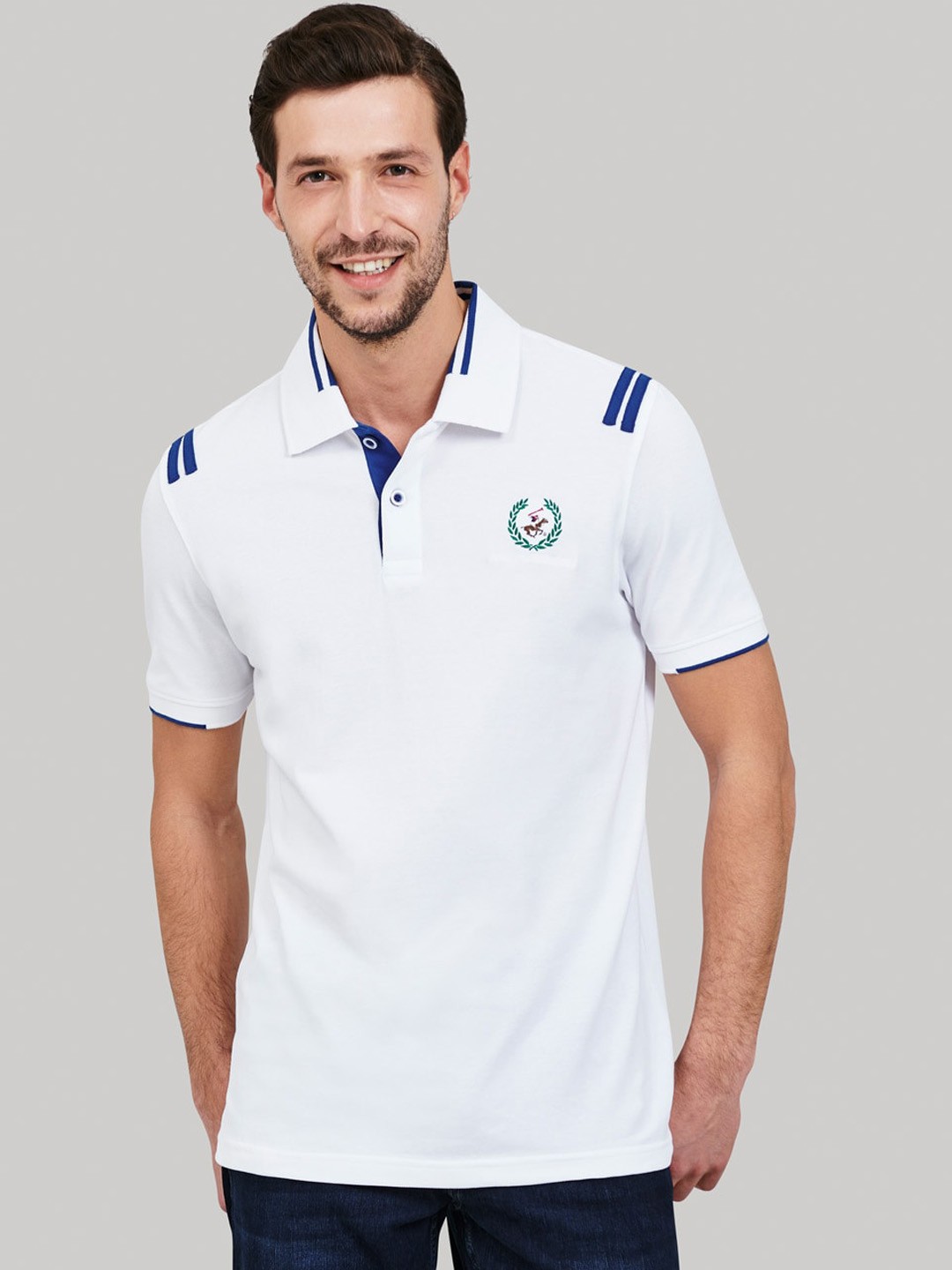 

Beverly Hills Polo Club Men White Solid Polo Collar Cotton T-shirt
