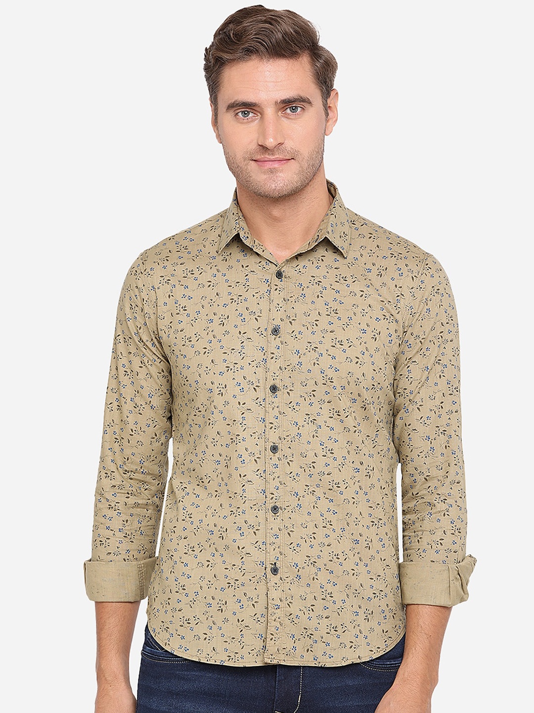 Greenfibre Men Slim Fit Printed Casual Shirt, Beige