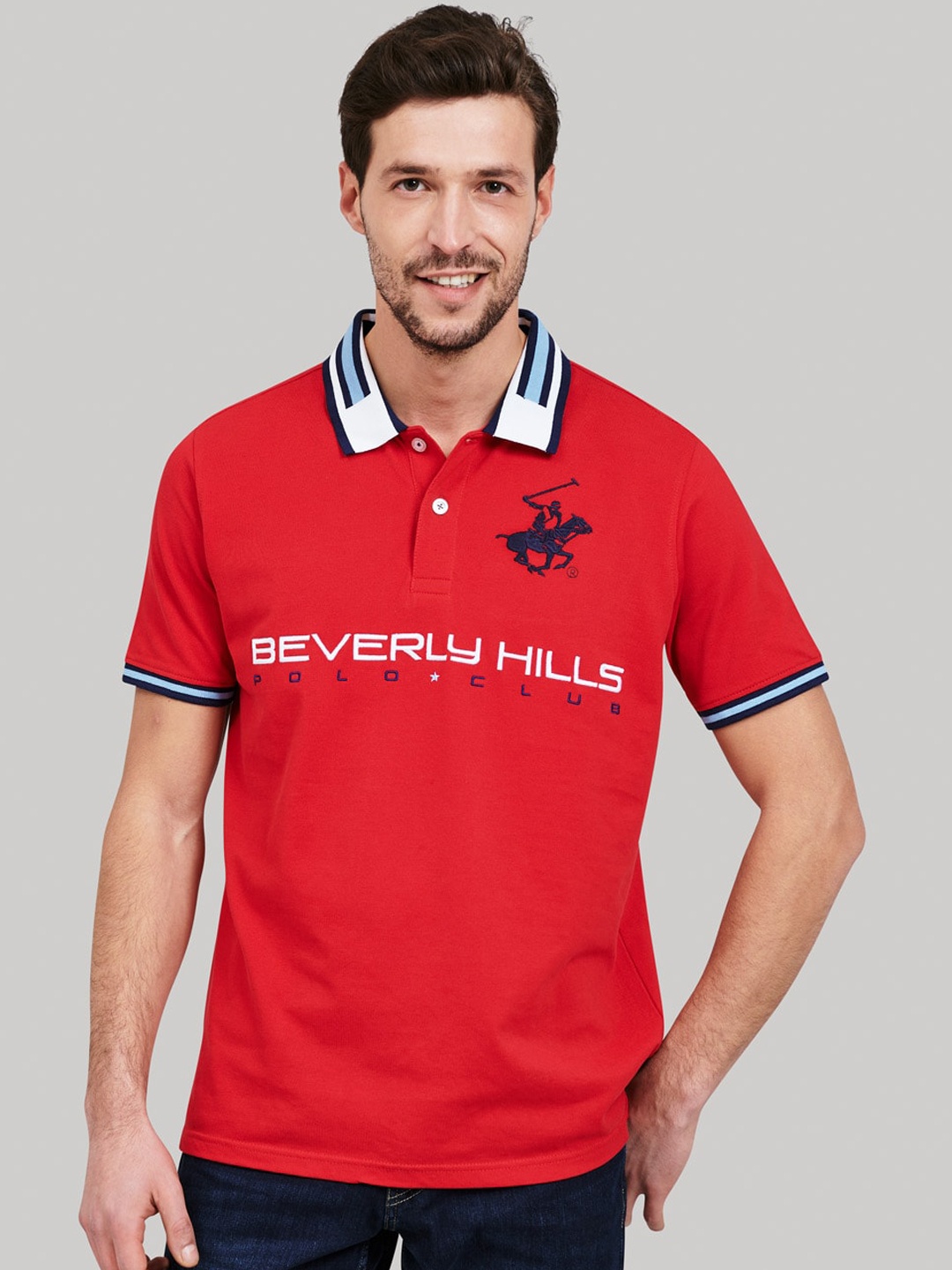 

Beverly Hills Polo Club Men Red & White Brand Logo Printed Polo Collar T-shirt