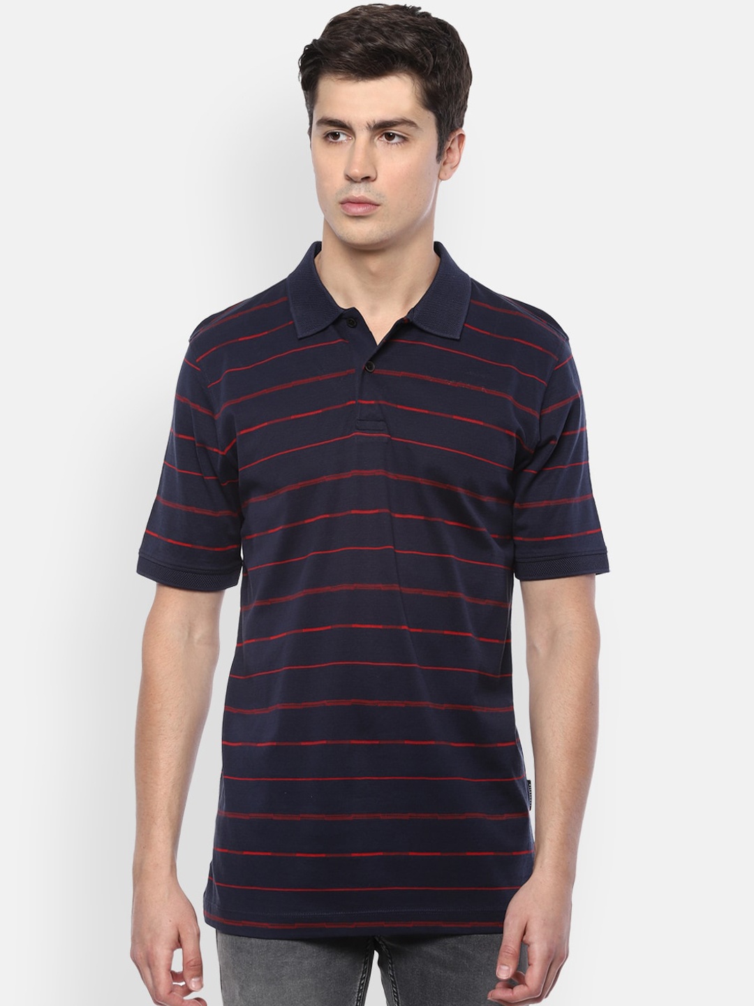 

Van Heusen Men Navy Blue Striped Polo Collar T-shirt