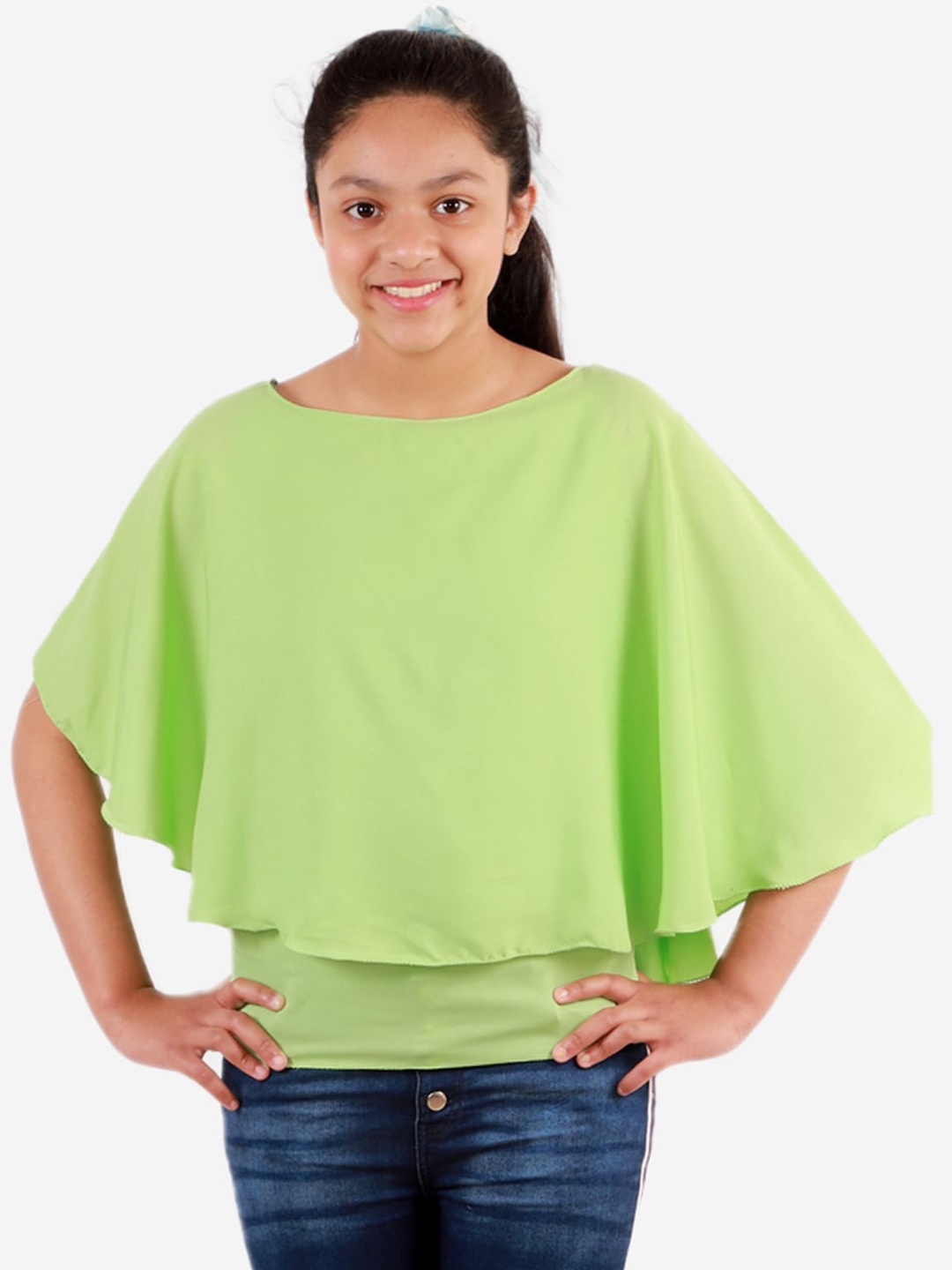 

YK Green Cape Sleeves Layered Crepe Cape Top