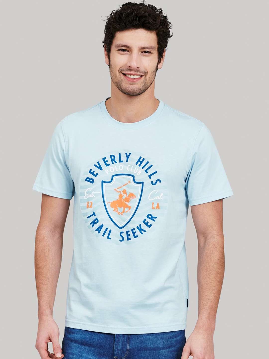 

Beverly Hills Polo Club Men Turquoise Blue Printed Round Neck T-shirt