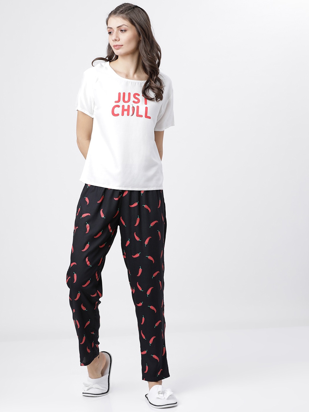 

Tokyo Talkies Women White & Black Printed Night Suit
