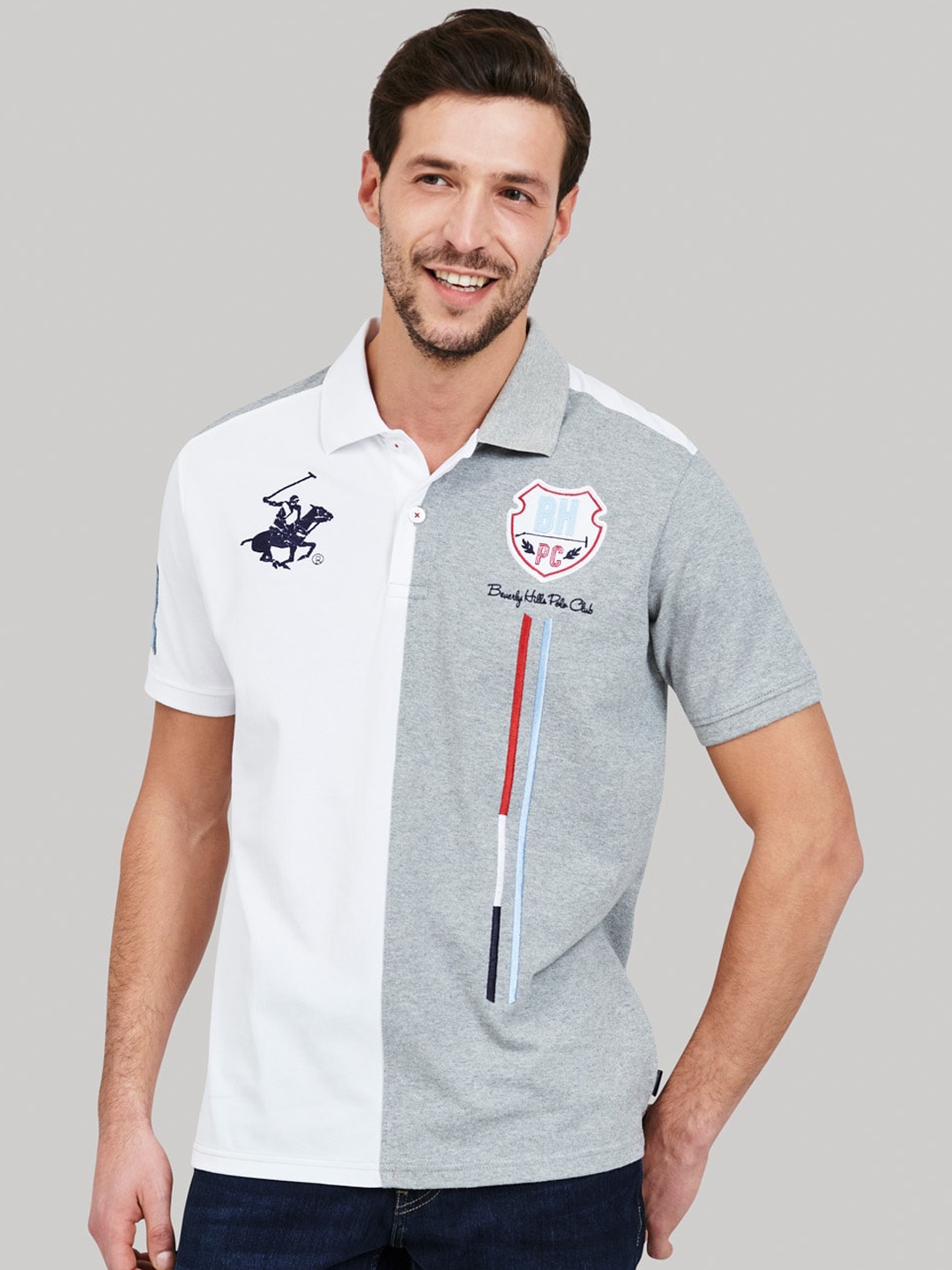 Beverly Hills Polo Club Men Grey Colourblocked Polo Collar T-shirt