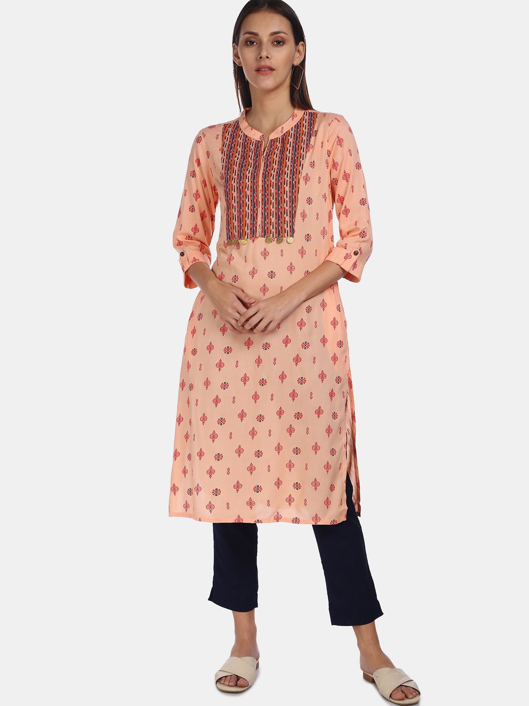 

Karigari Women Peach-Coloured Ethnic Motifs Printed Pastels Kurta
