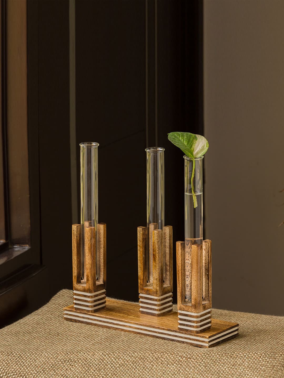 

ExclusiveLane Glass Trio Pillars Handcrafted Table Planter Tubes With Wooden Holder, Brown