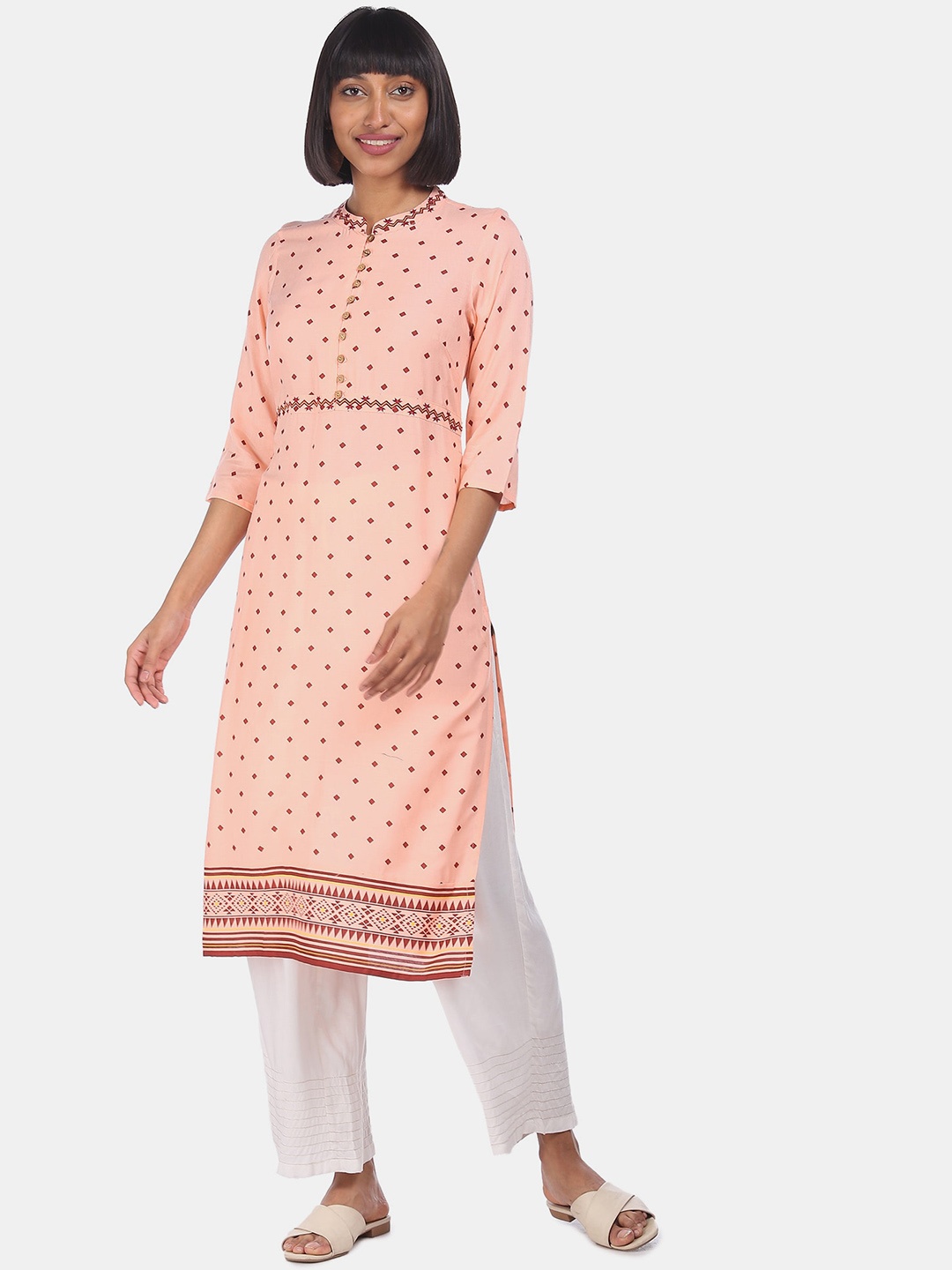 

Karigari Women Peach-Coloured Geometric Printed Kurta