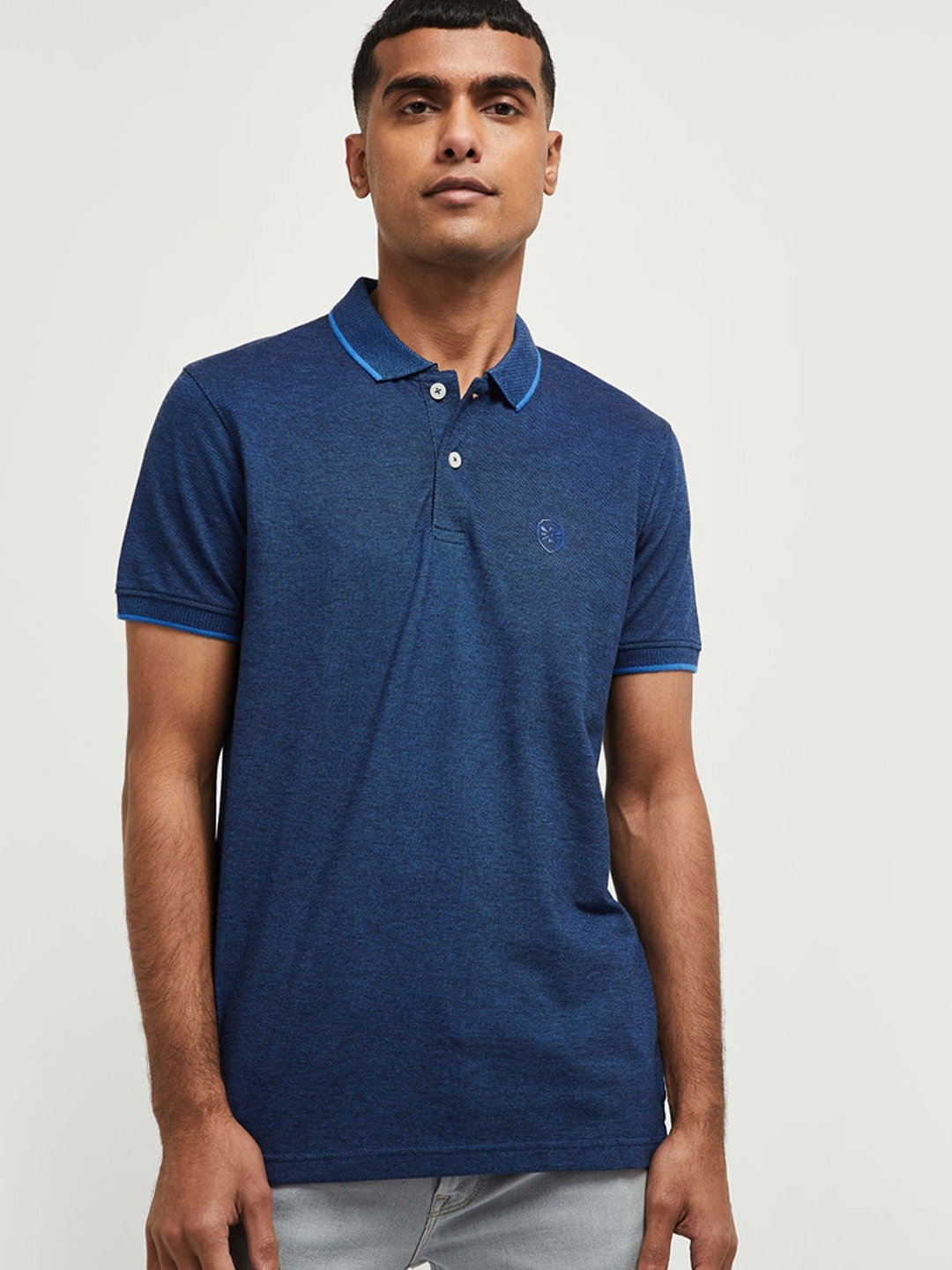 

max Men Blue Self Design Polo Collar T-shirt