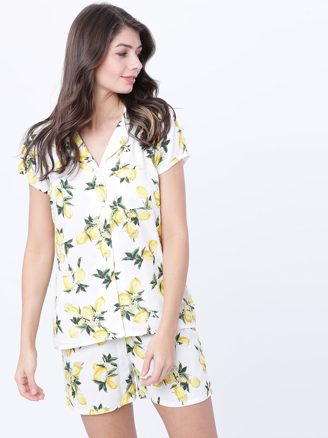 

Tokyo Talkies Women White & Yellow Floral Printed Night Suit