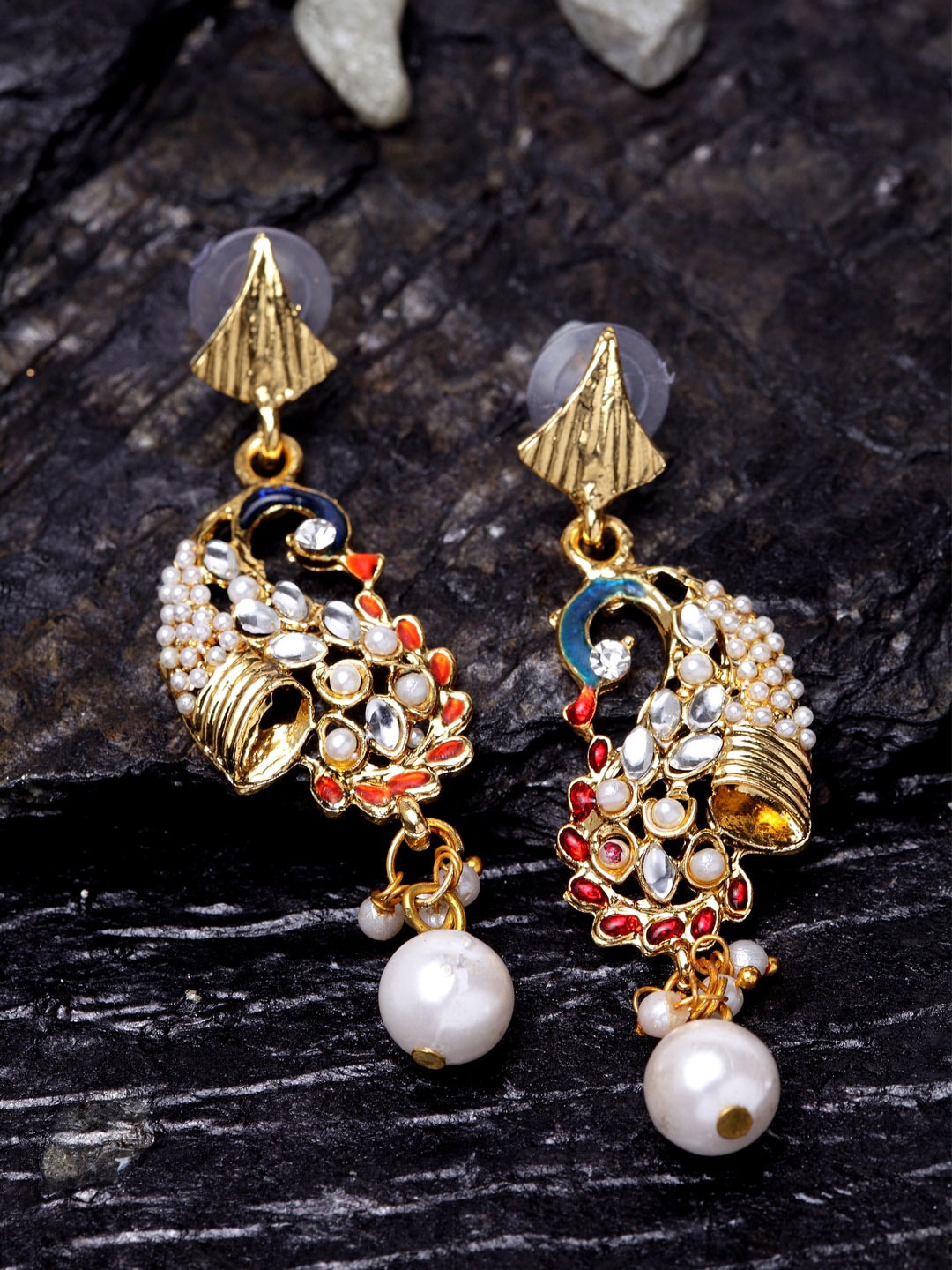 

ANIKAS CREATION Gold-Plated Meenakari Peacock Shaped Drop Earrings