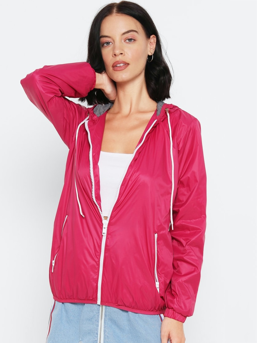 

FOREVER 21 Women Pink Solid Hooded Sporty Jacket