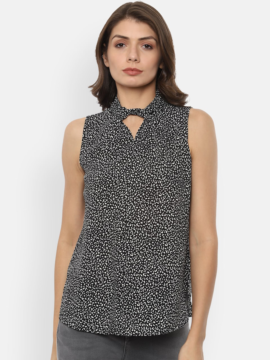 

Van Heusen Woman Black Printed Keyhole Neck Regular Top