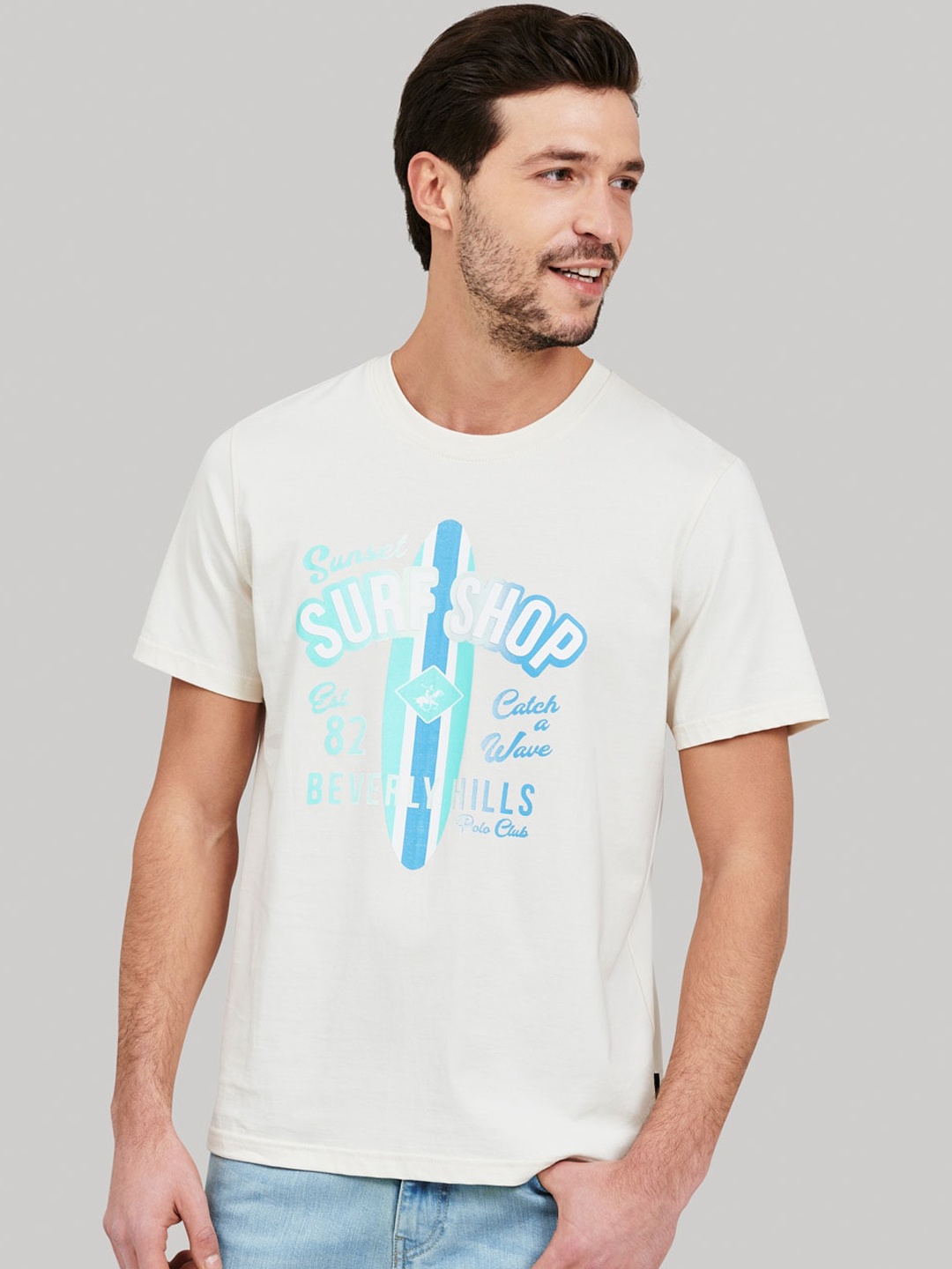 

Beverly Hills Polo Club Men Beige Printed Round Neck T-shirt