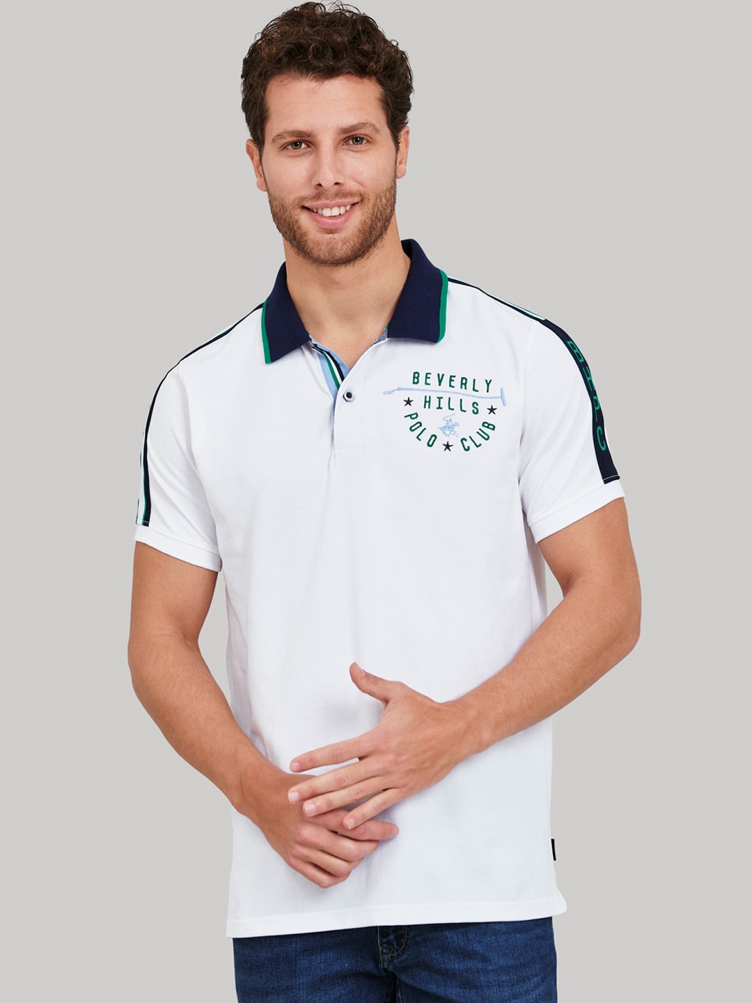 Beverly Hills Polo Club Men White Colourblocked Polo Collar T-shirt