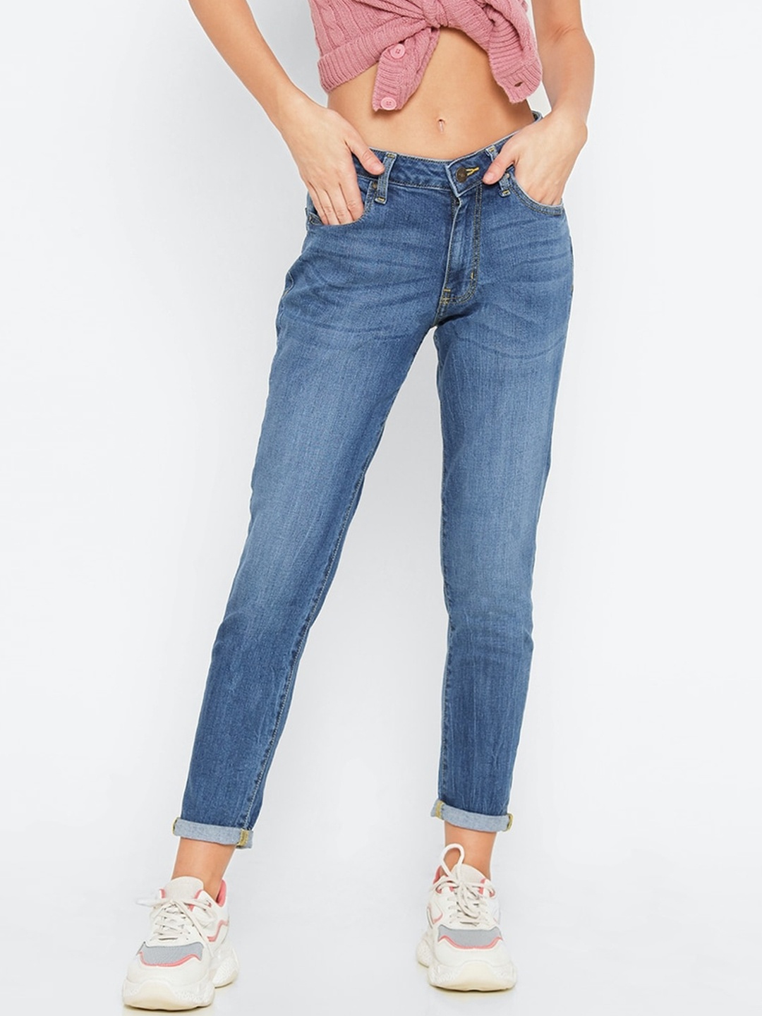 

FOREVER 21 Women Blue Regular Fit High-Rise Clean Look Cropped Jeans