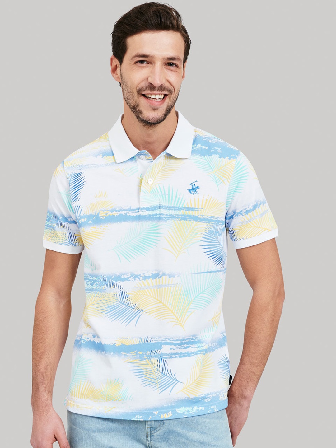 Beverly Hills Polo Club Men White Printed Polo Collar T-shirt