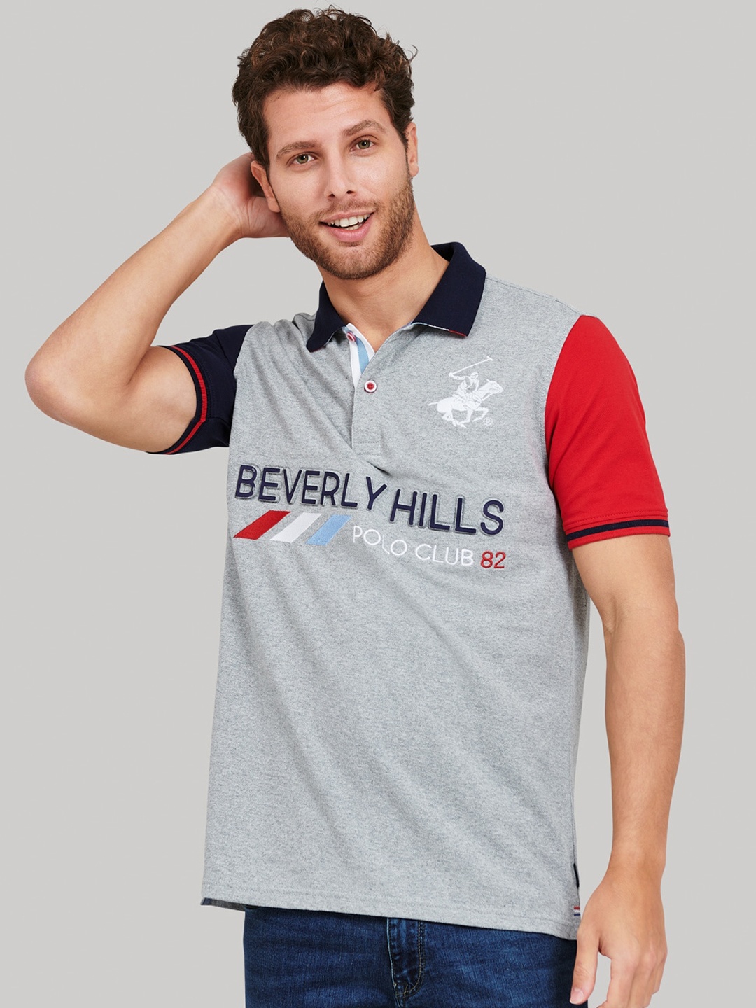 

Beverly Hills Polo Club Men Grey Printed Cotton Polo Collar T-shirt