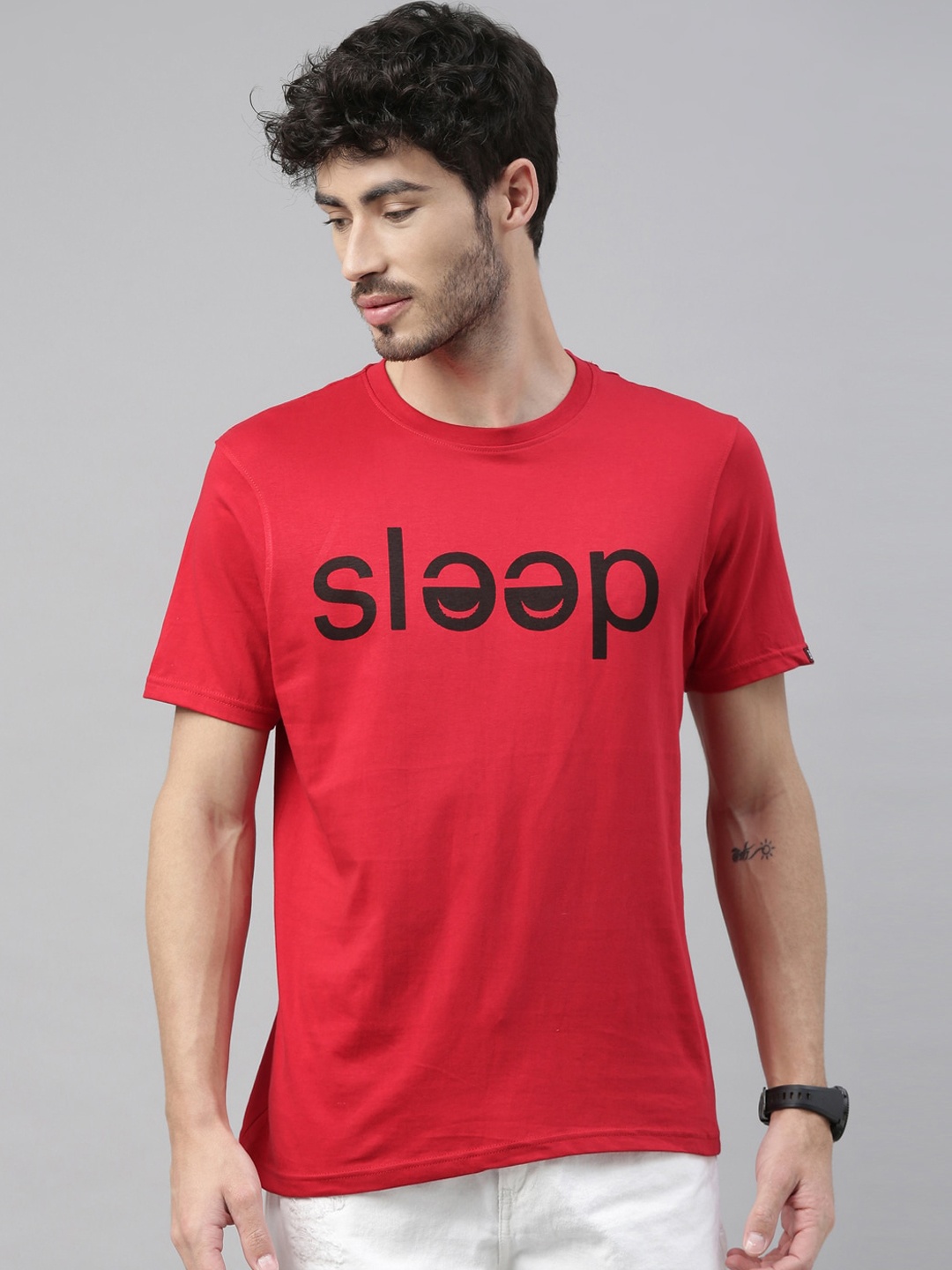 

Bushirt Men Red Sleep Printed Round Neck Pure Cotton T-shirt