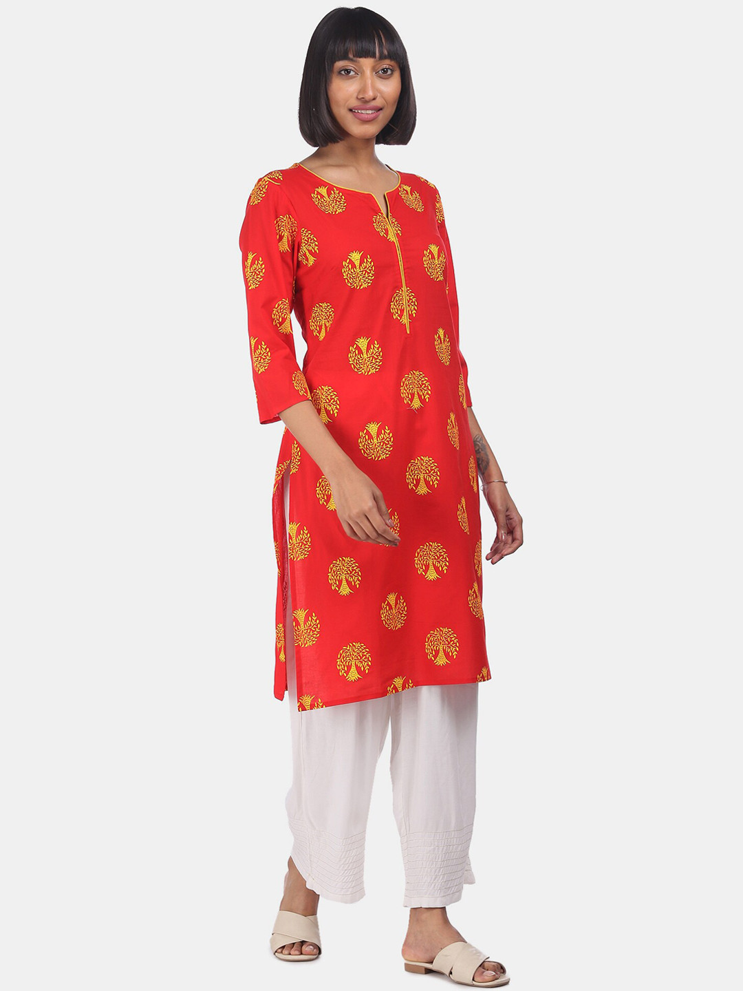 

Karigari Women Red & Yellow Ethnic Motifs Printed Cotton Kurta