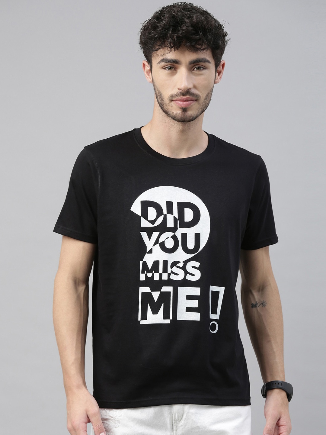 Bushirt Men Black Printed Round Neck Cotton Pure Cotton T-shirt