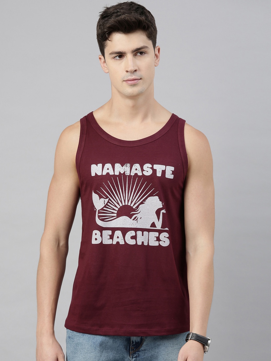 

Bushirt Men Maroon Printed Namaste Beaches Round Neck T-shirt