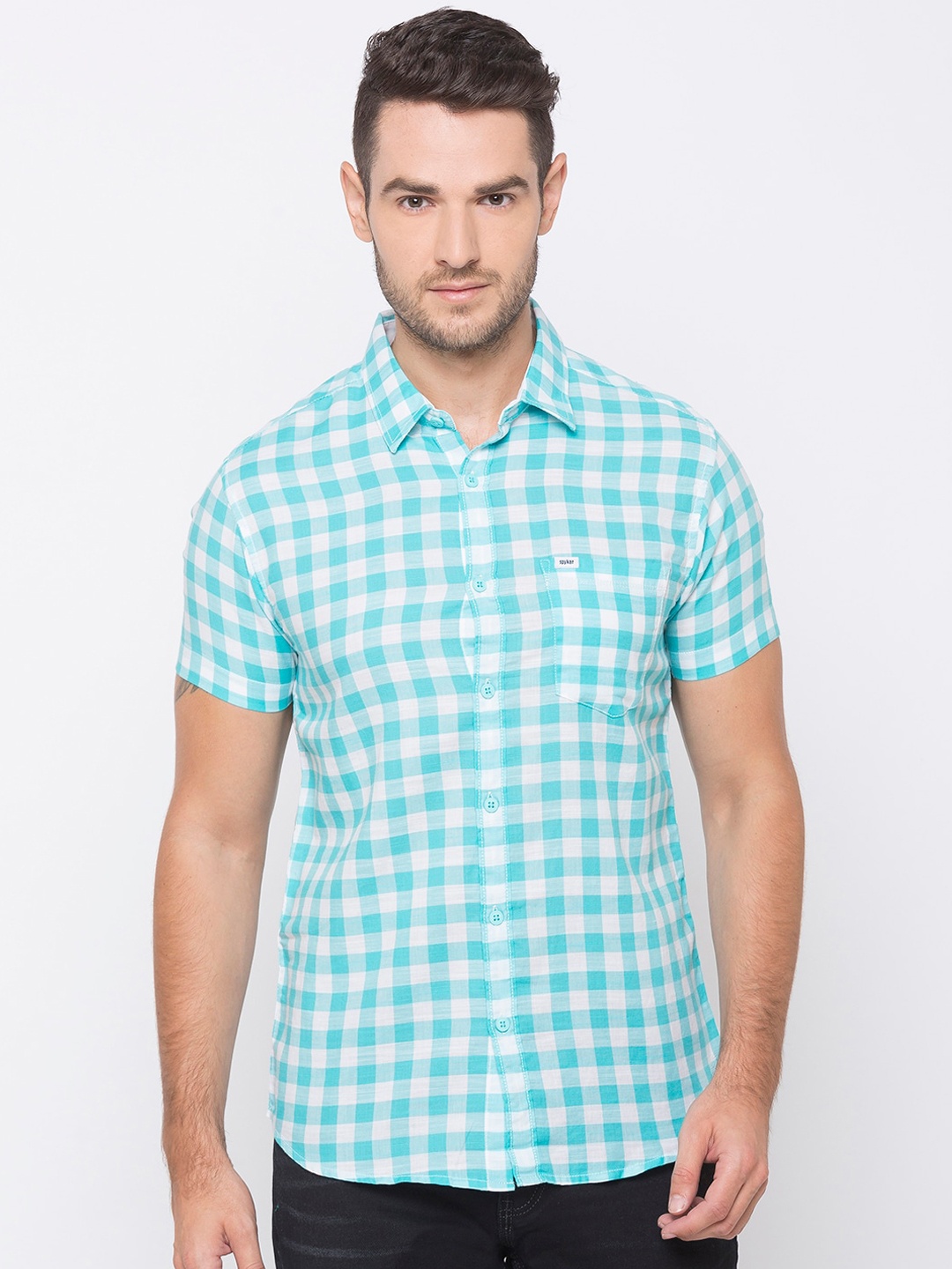 

SPYKAR Men Aqua Blue & White Slim Fit Checked Casual Shirt