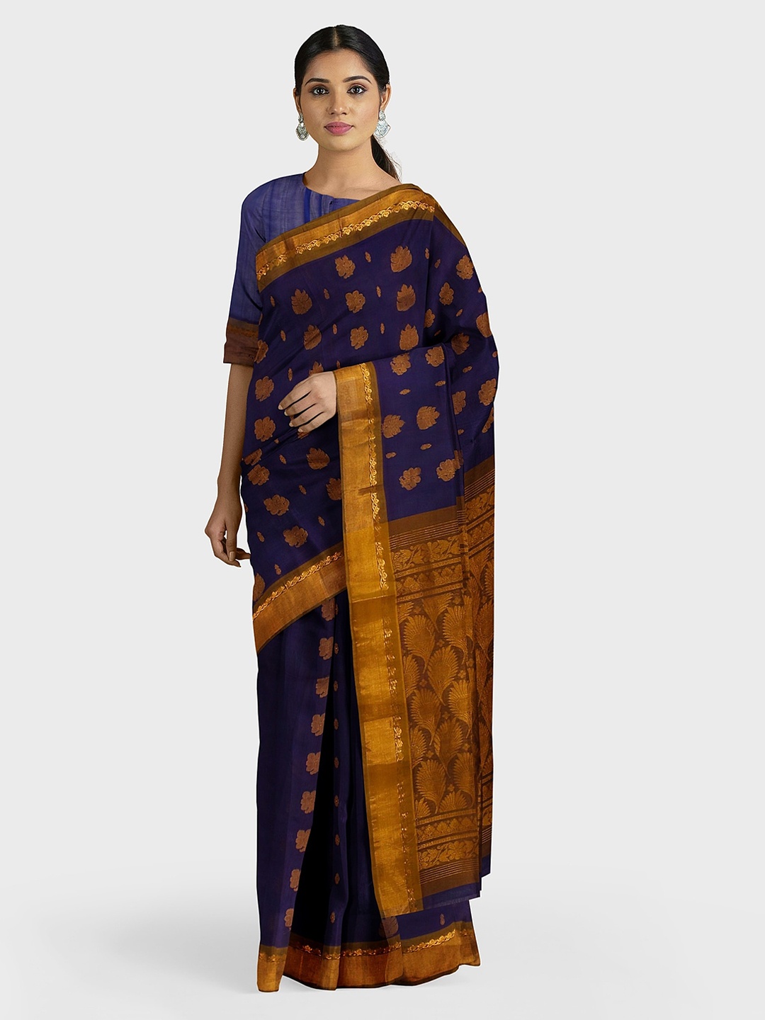 

APCO Navy Blue & Gold-Toned Pure Cotton Woven Design Madhavaram Saree