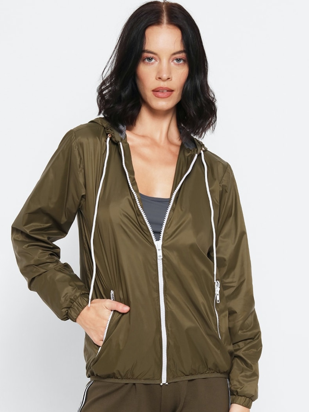 

FOREVER 21 Women Olive Green Solid Windbreaker Hooded Bomber Jacket
