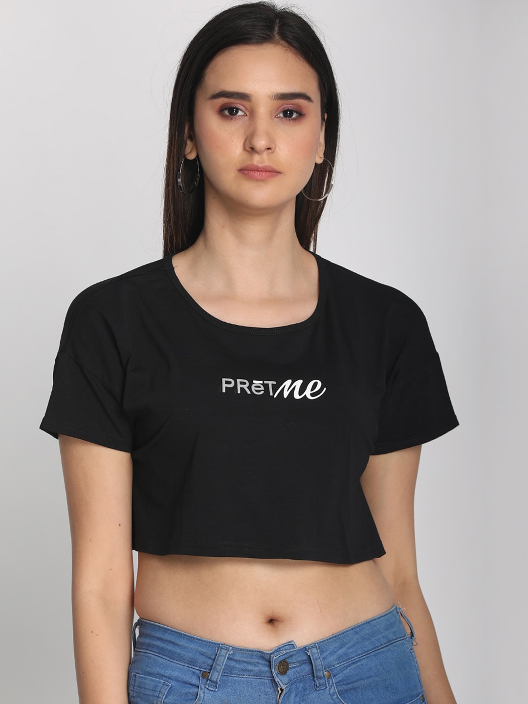 

PReT me Black Brand Logo Printed Regular Crop Top