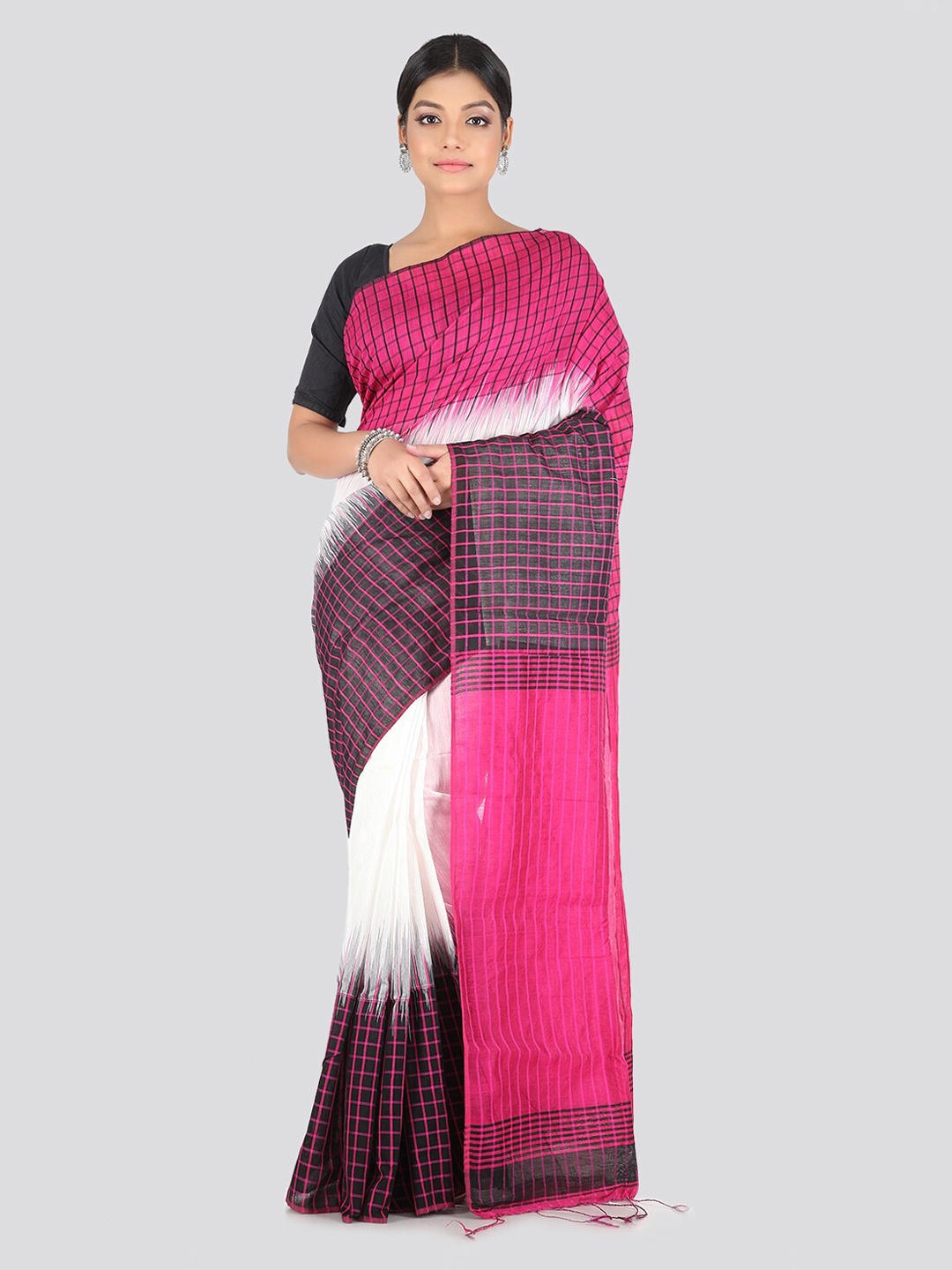 

PinkLoom White & Pink Cotton Blend Checked Handloom Saree