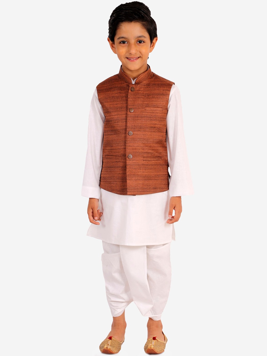 

VASTRAMAY Boys White Solid Kurta with Dhoti Pants & Nehru Jacket