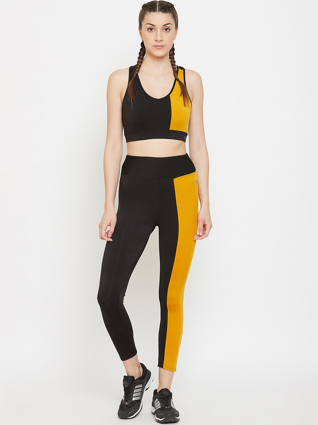 Clovia Women Black & Yellow Colourblocked Tracksuit