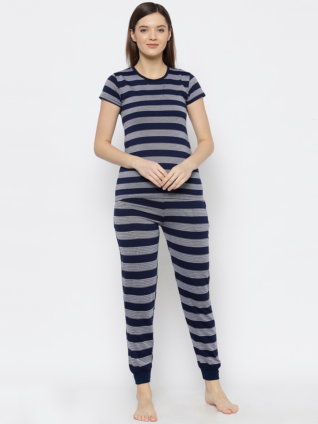 

VIMAL JONNEY Women Navy Blue & White Striped Night suit