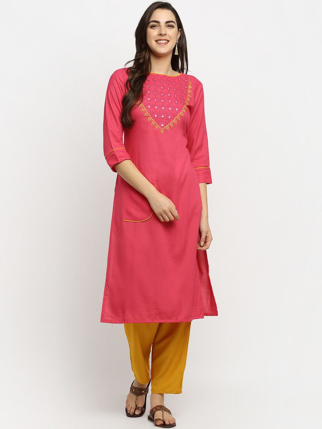 

Rudra Bazaar Women Pink Yoke Design Kurta with Trousers