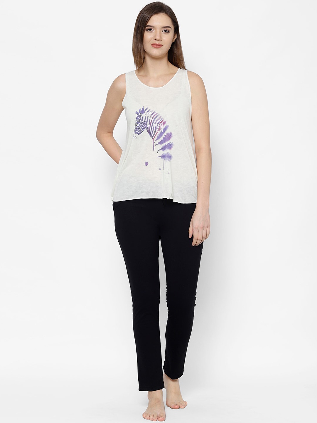 

VIMAL JONNEY Women Cream-Coloured & Purple Printed Night Suit