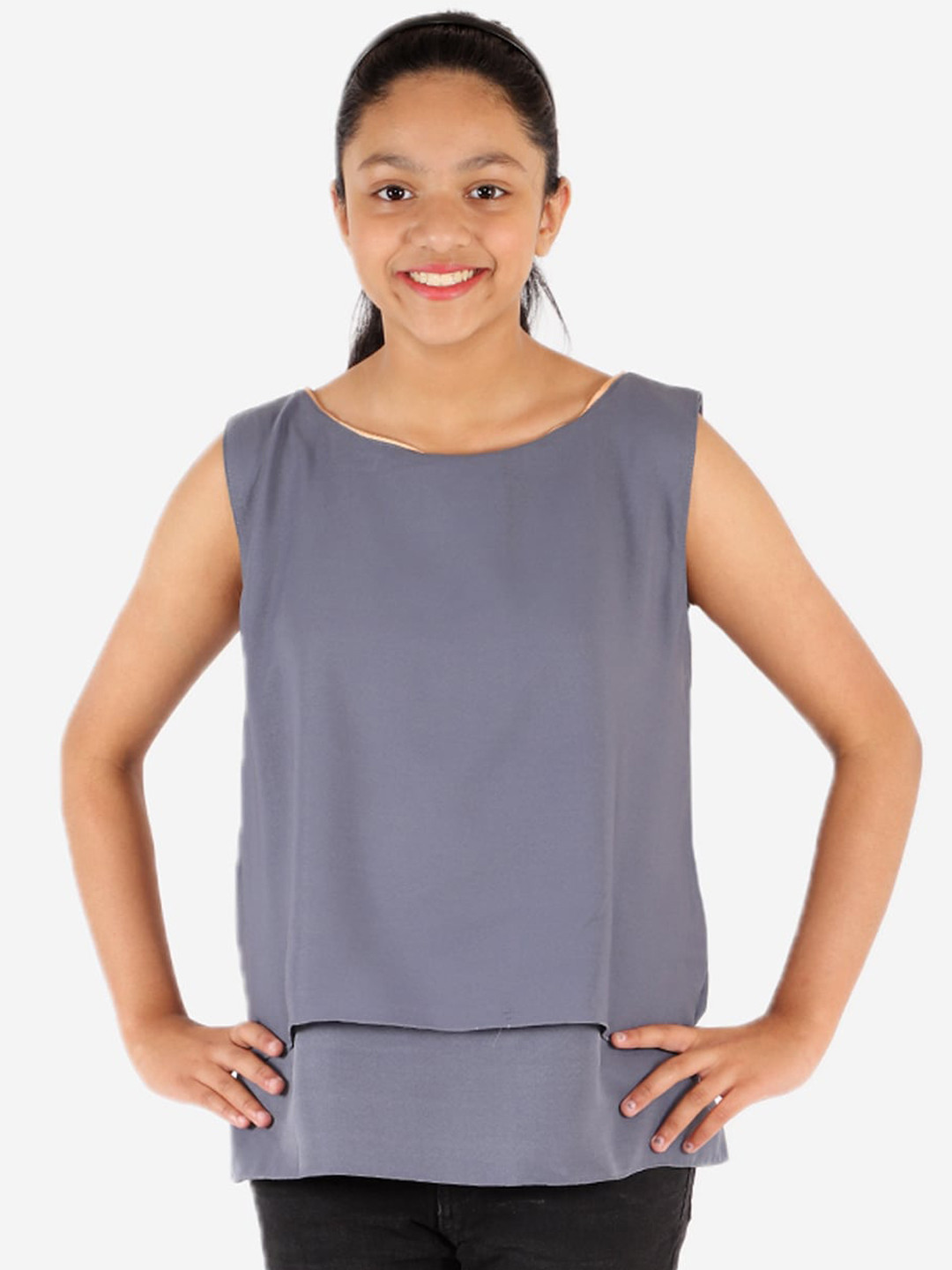 

YK Grey Crepe Sleeveless Tiered Top