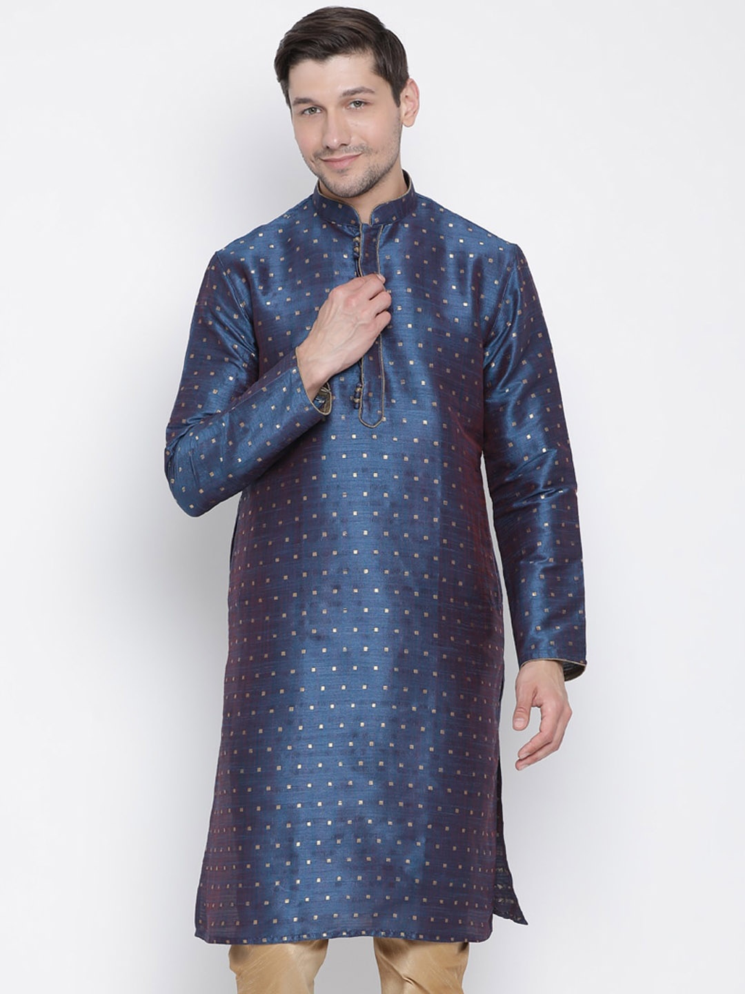 VASTRAMAY Men Navy Blue & Gold-Toned Thread Work Jacquard Kurta