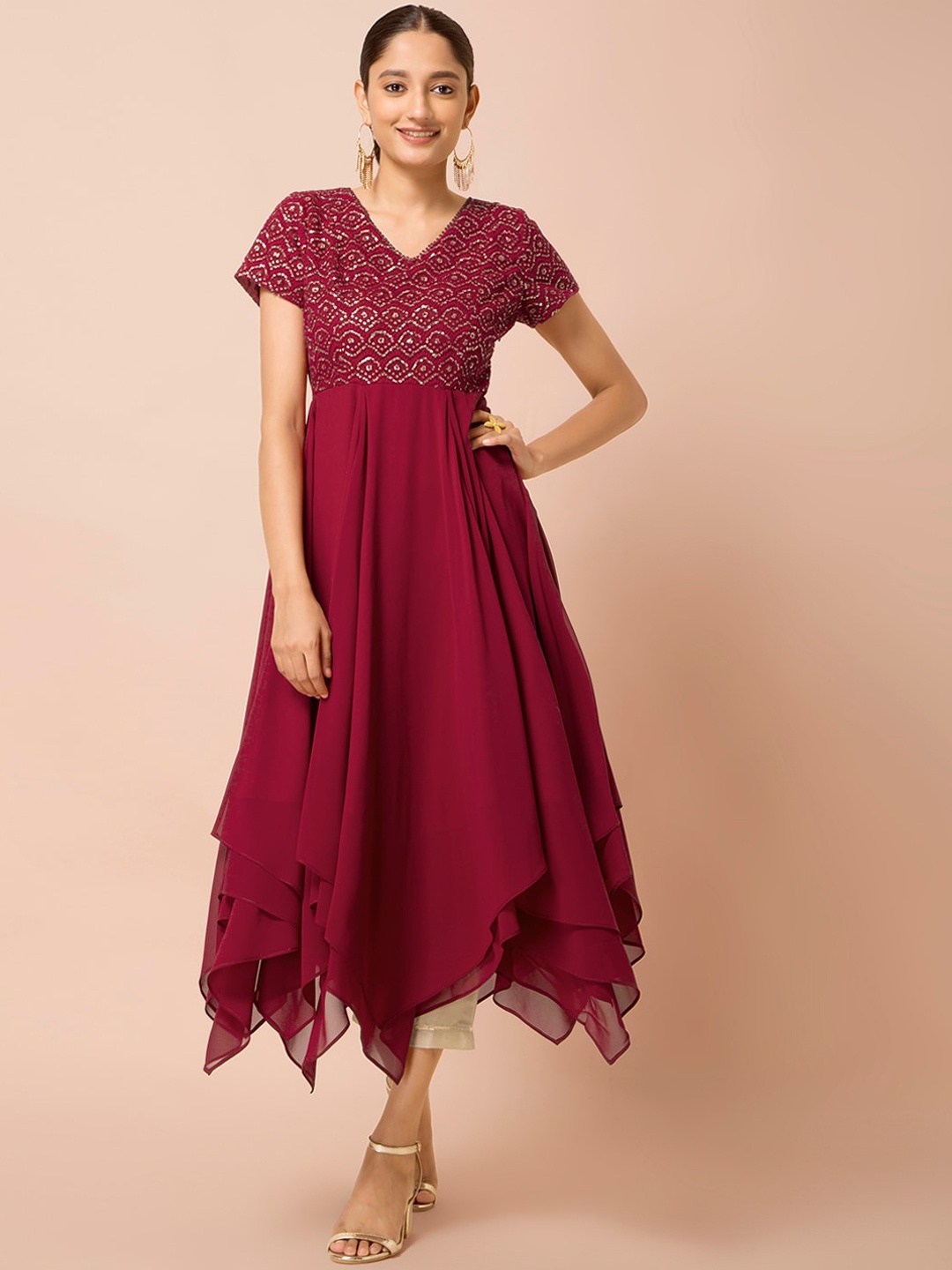

INDYA Women Maroon & Gold-Toned Embroidered Flared High Low Tunic