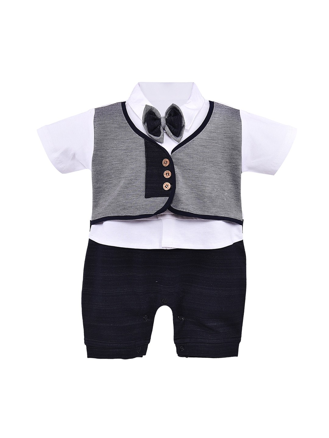 

Wish Karo Infant Boys Navy Blue & White Colourblocked Cotton Waist Coat Applique Rompers