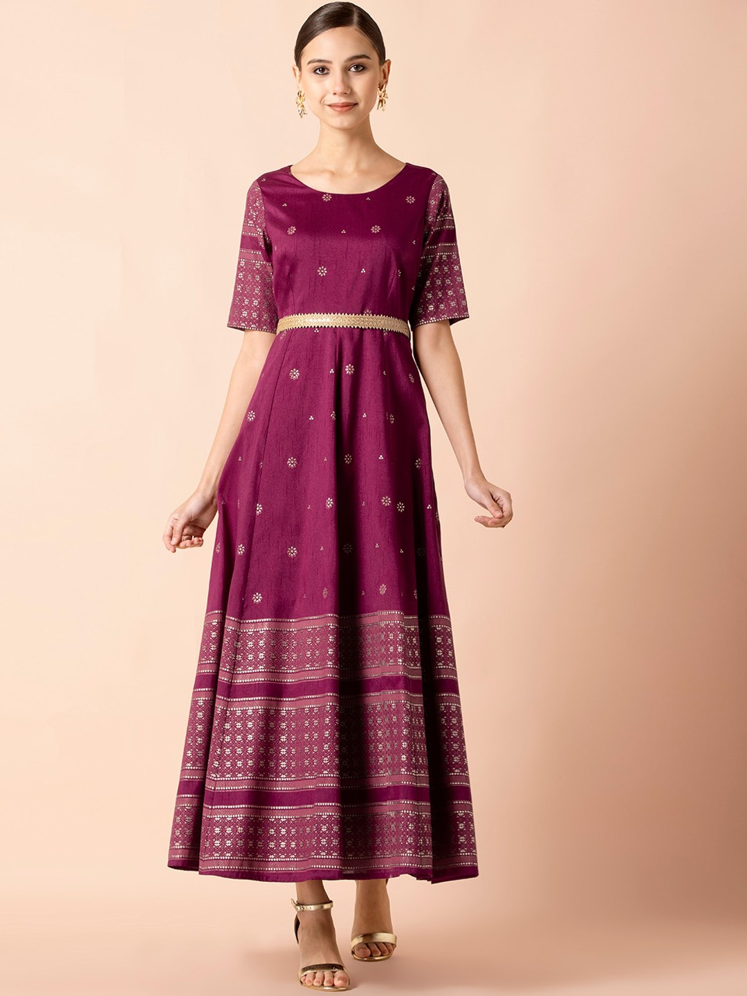 

INDYA Women Purple Foil Border Belted Maxi Dress