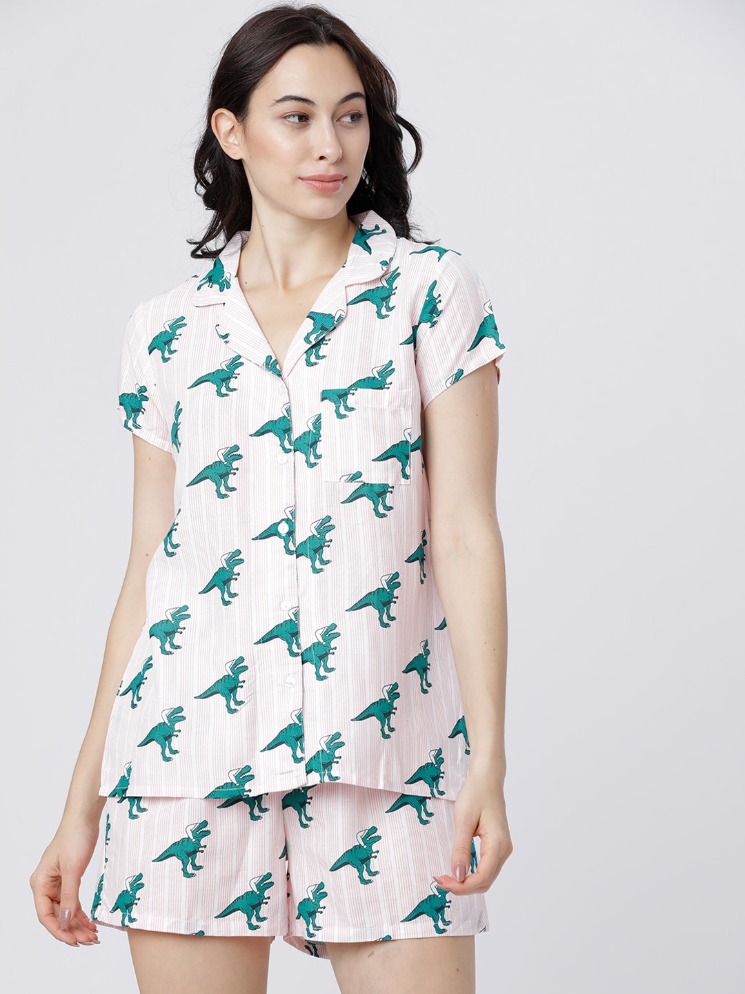 

Tokyo Talkies Women Pink & Green Printed Night Suit