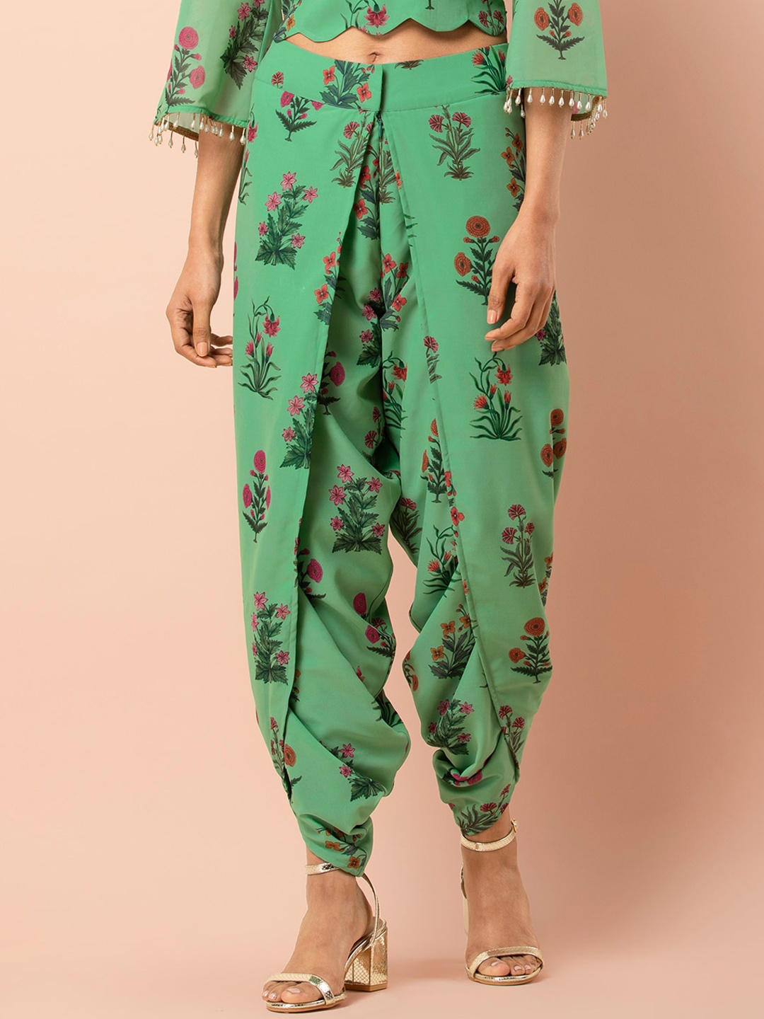 

INDYA Women Green Loose Fit Floral Printed Dhoti Pants