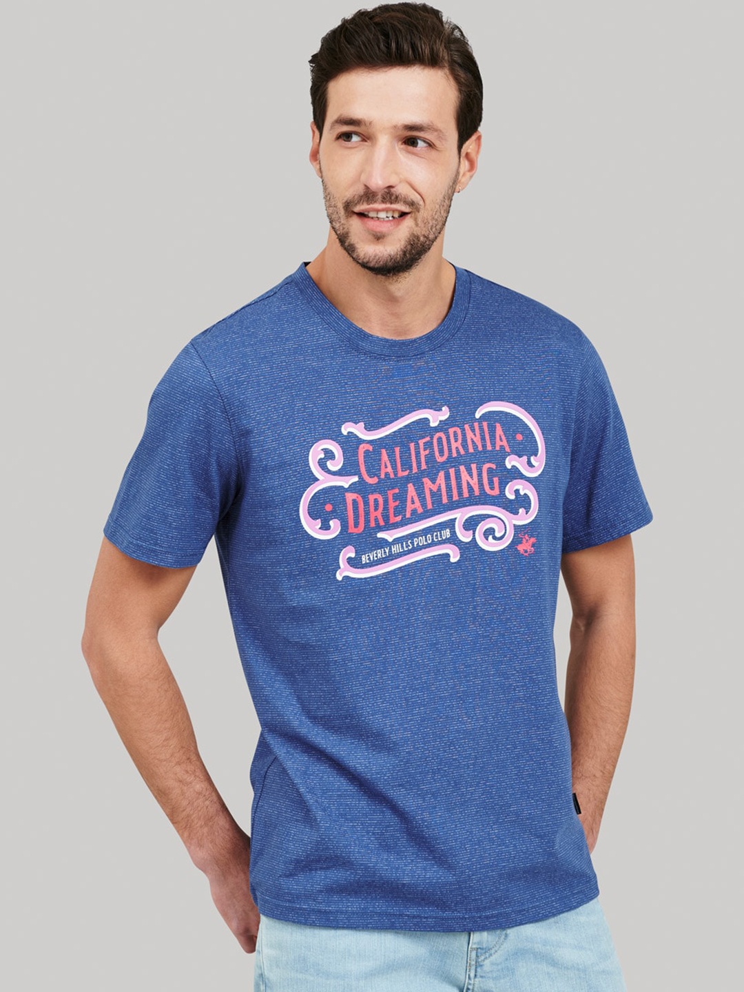 

Beverly Hills Polo Club Men Blue Printed Round Neck Cotton T-shirt