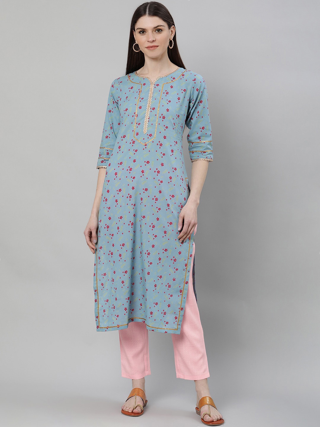 

Libas Women Turquoise Blue & Pink Floral Printed Cotton Kurta