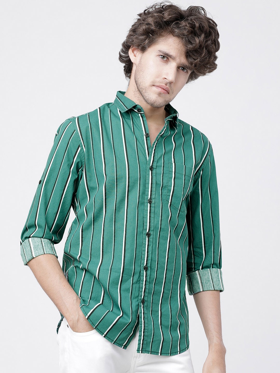 

LOCOMOTIVE Men Green Slim Fit Striped Cotton Casual Shirt