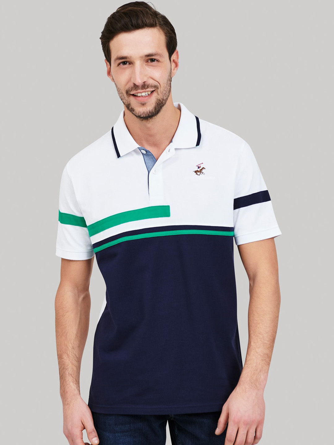 

Beverly Hills Polo Club Men White & Navy Blue Colourblocked Polo Collar T-shirt