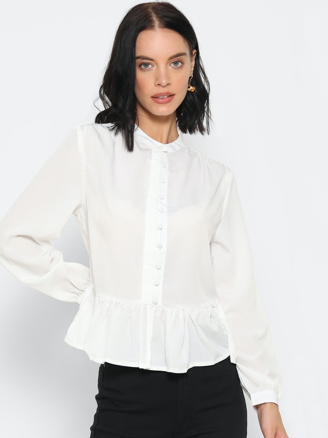 

FOREVER 21 White Mandarin Collar Shirt Style Top